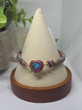 Handcrafted Pink & Blue Heart Beaded Bracelet With Leather Pulley